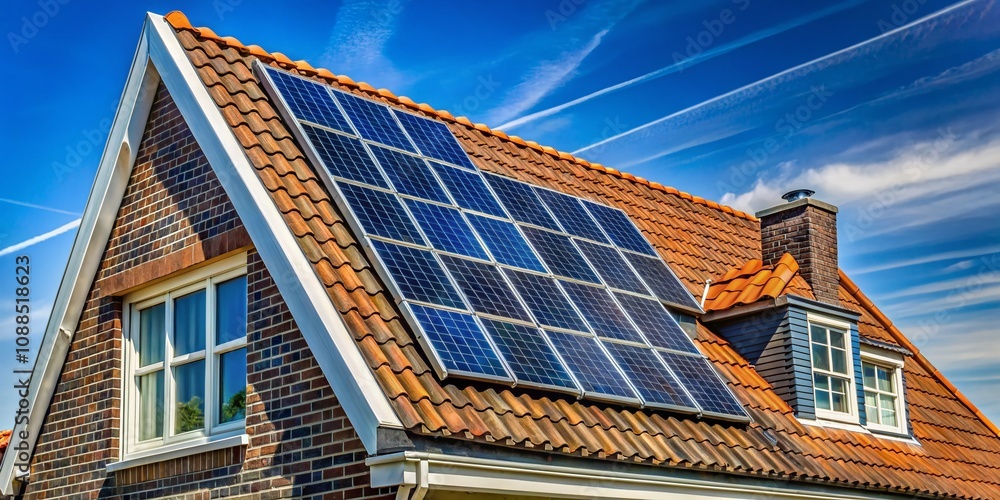 Fototapeta premium Close-up View of Solar Panel Installation on a Traditional Dutch House Roof in Holland, Highlighting Renewable Energy Solutions in the Netherlands with Clear Blue Sky