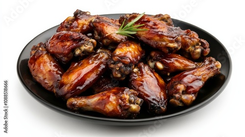 A plate of succulent barbecue chicken wings with a honey barbecue glaze, Each wing’s caramelized exterior and tender meat captured with precision photo