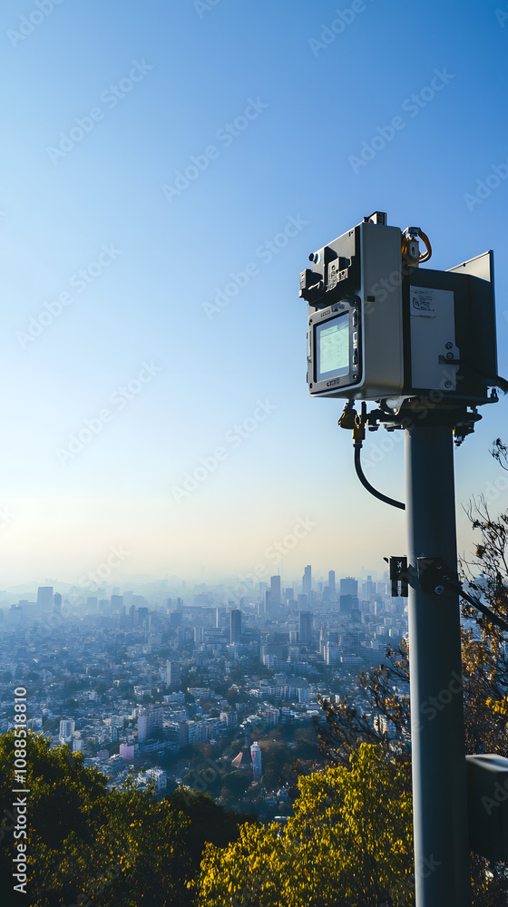 A modern air quality monitoring station equipped with sensors and advanced technology, designed to track pollution levels and enhance environmental awareness, showcasing the importance of clean air an A modern air quality monitoring station equipped with sensors and advanced technology, designed to track pollution levels and enhance environmental awareness, showcasing the importance of clean air an