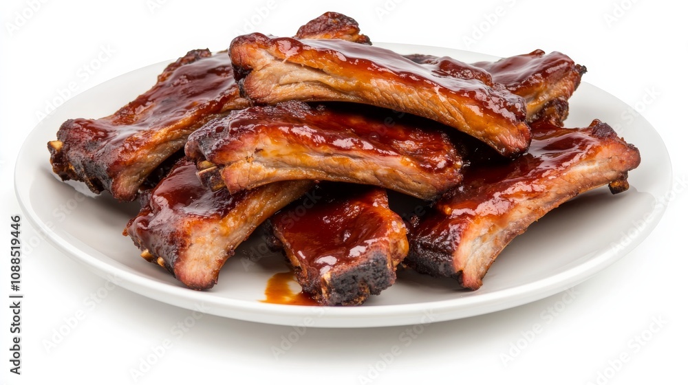 A plate of succulent barbecue pork ribs with a tangy barbecue sauce glaze, Each rib’s caramelized exterior and tender meat captured with precision A plate of succulent barbecue pork ribs with a tangy barbecue sauce glaze, Each rib’s caramelized exterior and tender meat captured with precision