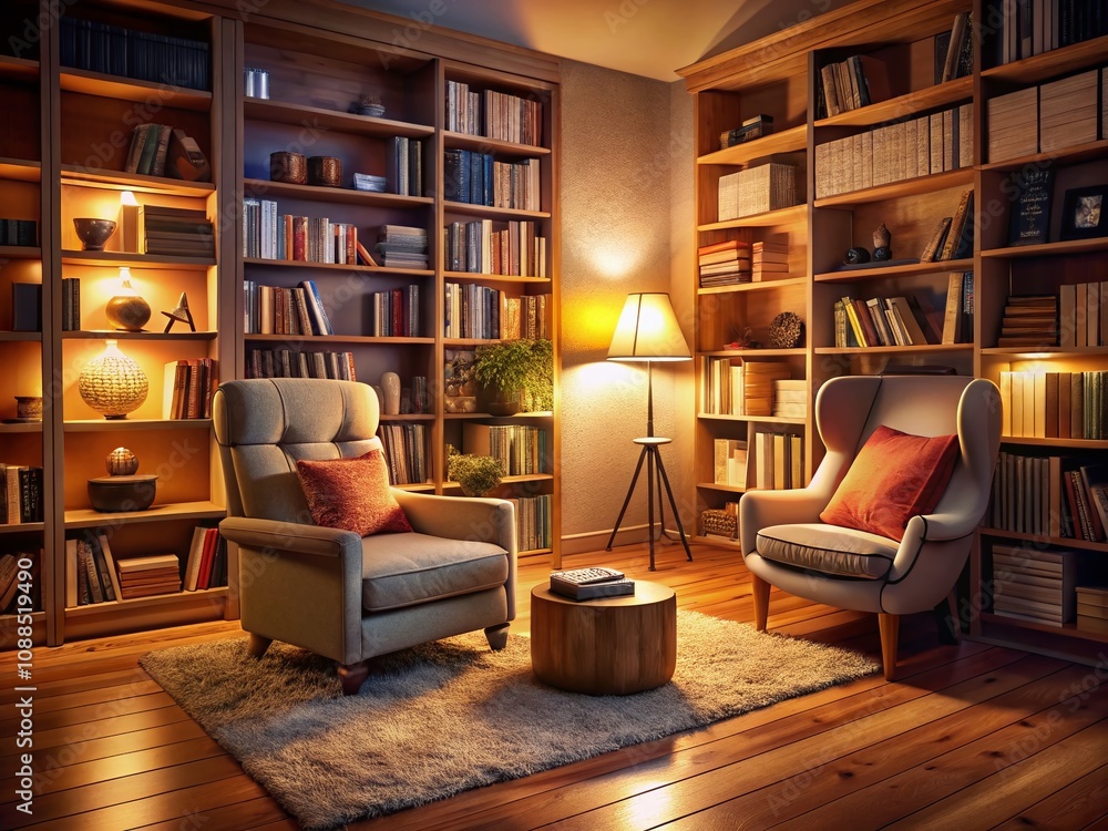 Cozy Bookshelf with Various Books and a Small Speaker in a Warmly Lit Room Perfect for Reading and Relaxation, Ideal for Home Decor and Lifestyle Photography Cozy Bookshelf with Various Books and a Small Speaker in a Warmly Lit Room Perfect for Reading and Relaxation, Ideal for Home Decor and Lifestyle Photography