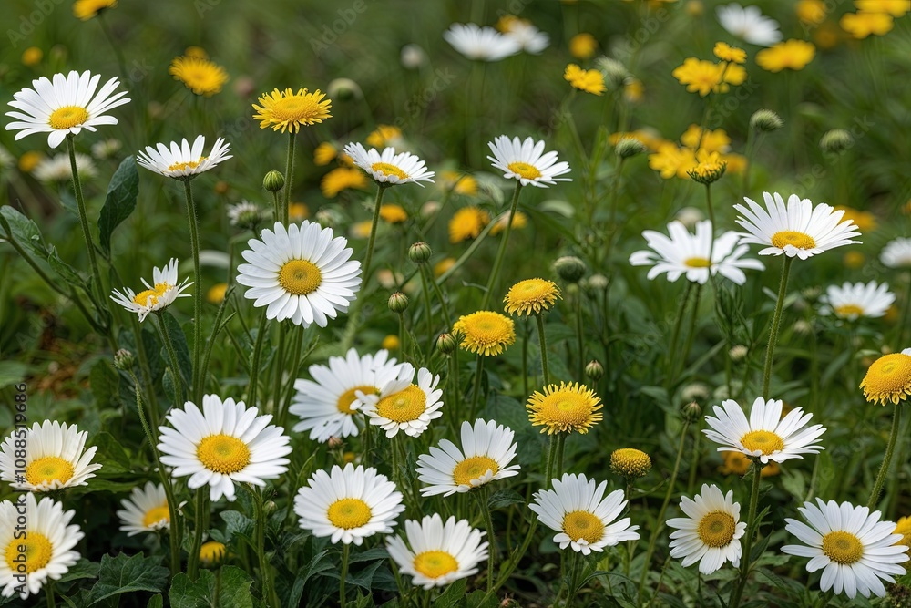 Serene Nature Landscape Featuring Wildflower Patch with Daisies and Buttercups on White Background Serene Nature Landscape Featuring Wildflower Patch with Daisies and Buttercups on White Background