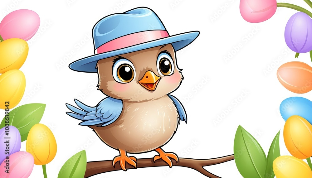 Cute cartoon bird wearing blue hat perched on branch surrounded by colorful tulips Cute cartoon bird wearing blue hat perched on branch surrounded by colorful tulips