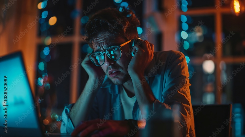 A frustrated man with glasses sits at his desk, surrounded by dim lighting and a laptop, portraying the stress of late-night work or studying under intense focus A frustrated man with glasses sits at his desk, surrounded by dim lighting and a laptop, portraying the stress of late-night work or studying under intense focus