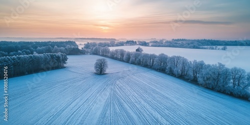 Aerial view showcasing a rural field during the winter season, highlighting the serene beauty of the rural field and its landscape in this captivating winter scenery. photo