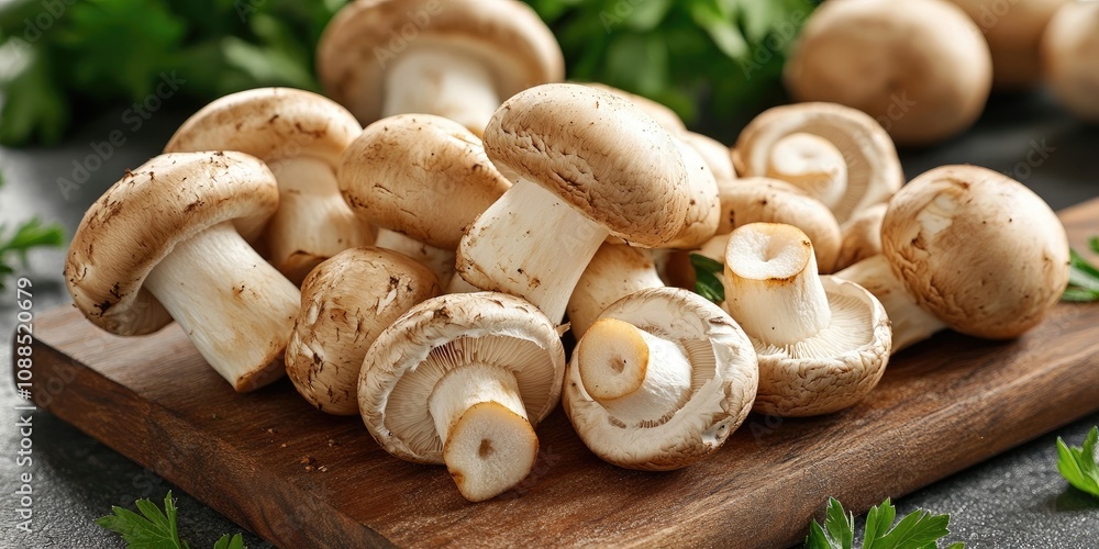 Fresh mushrooms, specifically champignons, displayed beautifully on a cutting board, showcasing the natural texture and color of champignons for culinary inspiration and creativity. Fresh mushrooms, specifically champignons, displayed beautifully on a cutting board, showcasing the natural texture and color of champignons for culinary inspiration and creativity.