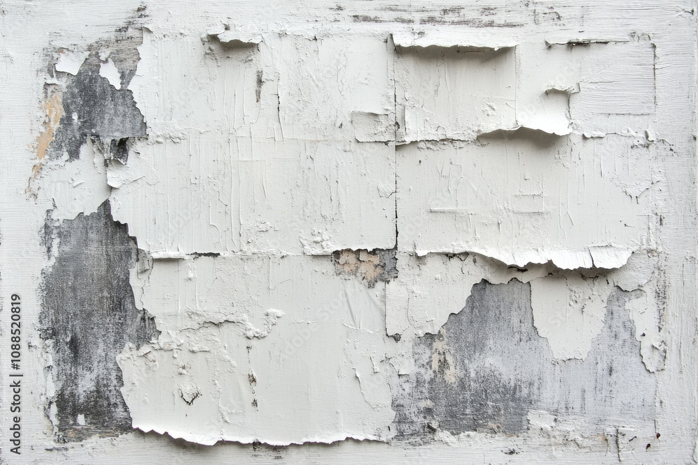 Obraz premium Peeling paint on a white wall, revealing layers of past colors.