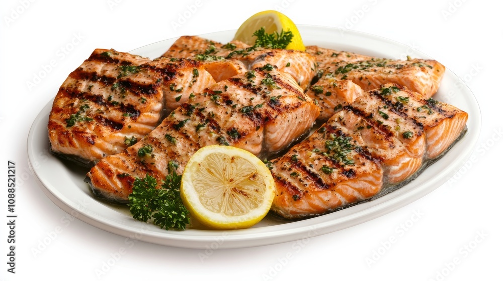 A plate of succulent grilled salmon fillets with a lemon herb marinade, Each fillet’s charred exterior and flaky texture captured with precision A plate of succulent grilled salmon fillets with a lemon herb marinade, Each fillet’s charred exterior and flaky texture captured with precision