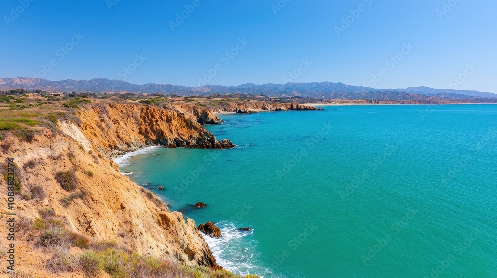 Scenic Coastal View of Turquoise Waters Meeting Dramatic Cliffs Under Clear Blue Sky on a Bright Sunny Day Perfect for Nature Lovers and Travel Enthusiasts Scenic Coastal View of Turquoise Waters Meeting Dramatic Cliffs Under Clear Blue Sky on a Bright Sunny Day Perfect for Nature Lovers and Travel Enthusiasts