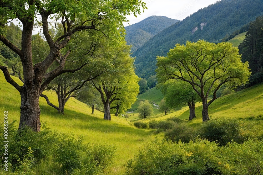 Obraz premium Serene Valley Landscapes Showcasing Flourishing Trees and Vibrant Underbrush