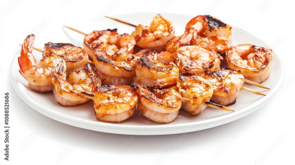 A plate of succulent grilled shrimp skewers with a garlic butter glaze, Each shrimp’s charred exterior and tender meat captured with precision A plate of succulent grilled shrimp skewers with a garlic butter glaze, Each shrimp’s charred exterior and tender meat captured with precision