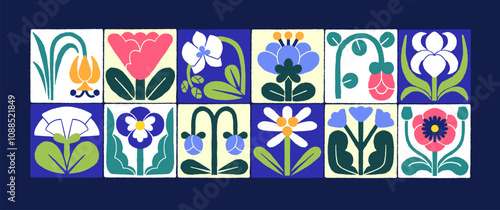 Trendy set of abstract floral icons. Modern cards with whimsical flowers, wildflowers. Stylized collage with geometric blooming plants, flora. Creative botanical decoration. Flat vector illustrations