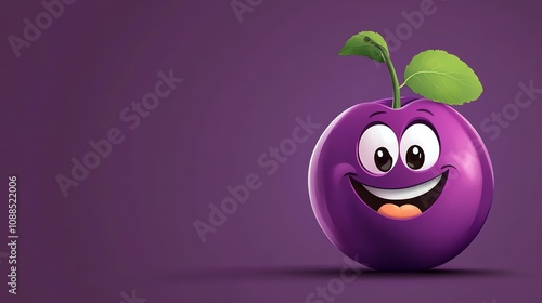 A cartoon purple plum with a big smile and large eyes is shown against a purple background. photo