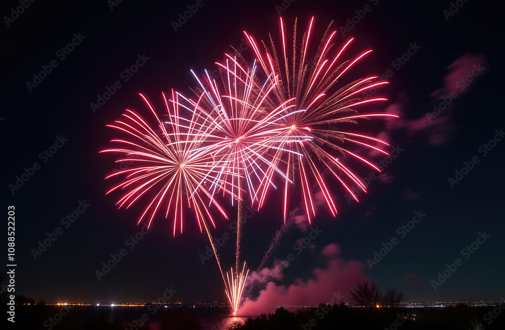 From below shot of wonderful vivid fireworks exploding on background of black night sky From below shot of wonderful vivid fireworks exploding on background of black night sky
