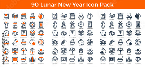 90 Lunar New Year Icons in 3 Styles (Line, Solid, Two-Tone), Featuring Chinese Calligraphy, Dragon Boat, Dumplings, and More – Vector Illustrations