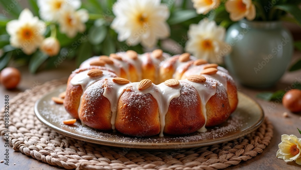 Delicious Easter cake with almonds and surrounded by fresh flowers on a rustic table in a cozy kitchen setting Delicious Easter cake with almonds and surrounded by fresh flowers on a rustic table in a cozy kitchen setting