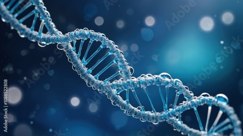 Spiral of Blue DNA double helix with light bokeh and bubble on beautiful blue background - generative ai