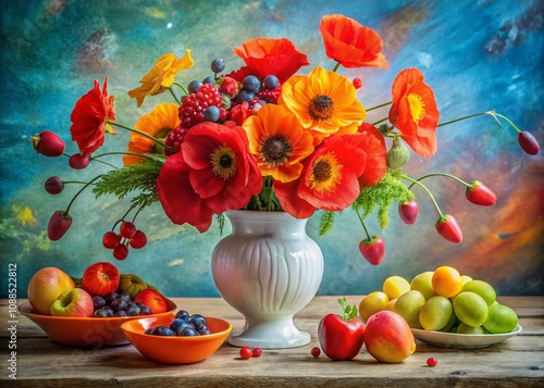 Poppies and Fruits in White Vase - AI Art, Still Life, Floral, Fruit, Vase