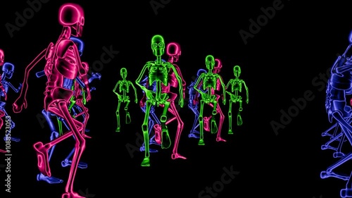 Colorful neon skeletons dance in sync for stunning VJ loop visuals