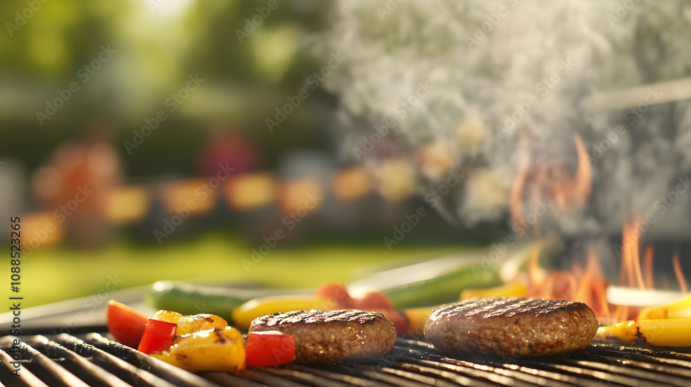 Grilling burgers and vegetables on BBQ grill with flames rising, creating delicious smoky aroma. vibrant colors of peppers and zucchini enhance outdoor cooking experience Grilling burgers and vegetables on BBQ grill with flames rising, creating delicious smoky aroma. vibrant colors of peppers and zucchini enhance outdoor cooking experience