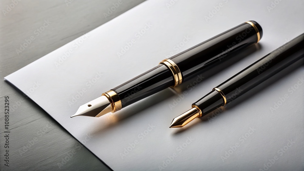 Elegant Black Fountain Pen Ready for Creativity Above a Blank Sheet of Paper on a Minimalist Surface, Inspiring Imagination and Artistic Expression in a Serene Setting Elegant Black Fountain Pen Ready for Creativity Above a Blank Sheet of Paper on a Minimalist Surface, Inspiring Imagination and Artistic Expression in a Serene Setting