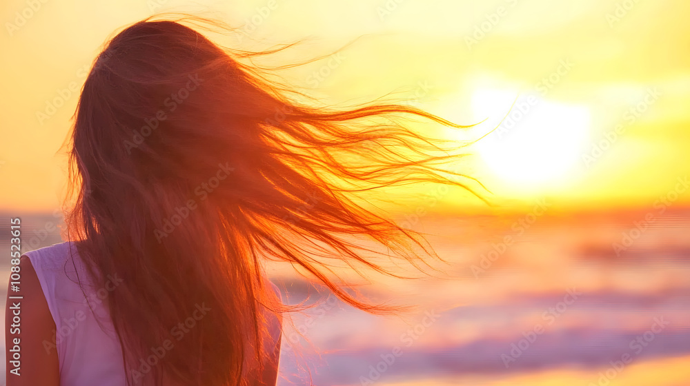 woman with flowing hair enjoys beautiful sunset on beach, capturing moment of tranquility and connection with nature. warm colors of sunset create serene atmosphere woman with flowing hair enjoys beautiful sunset on beach, capturing moment of tranquility and connection with nature. warm colors of sunset create serene atmosphere