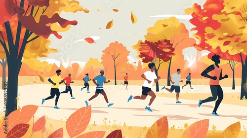 An illustration of a group of people running in a park, with vibrant trees and a clear sky