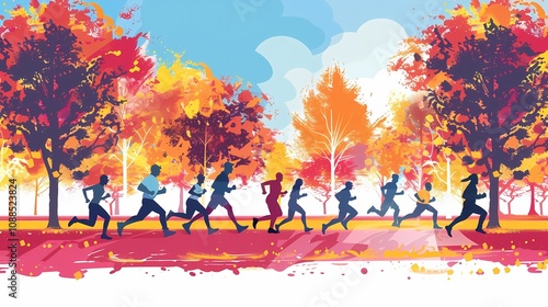 An illustration of a group of people running in a park, with vibrant trees and a clear sky