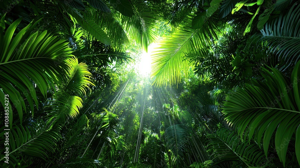 Obraz premium Lush Tropical Canopy with Sunlight Streaming Through Leaves, Creating a Serene Atmosphere in a Vibrant Green Jungle Setting