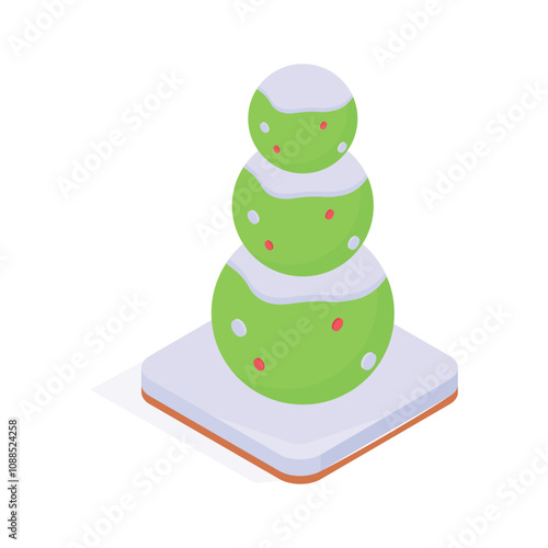 A tiered cake decorated as a snowman tree with green layers
