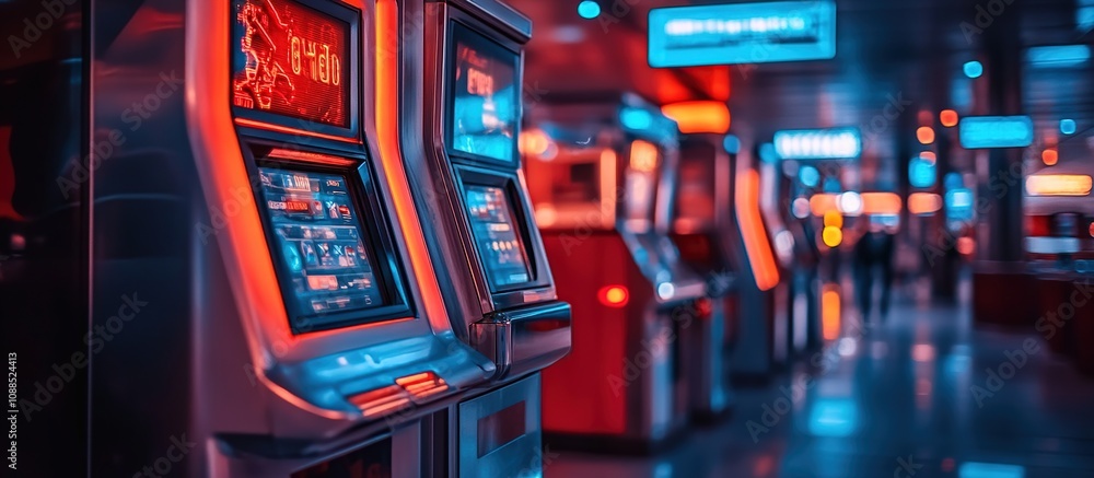 A row of illuminated kiosks in a modern, dimly lit environment. A row of illuminated kiosks in a modern, dimly lit environment.