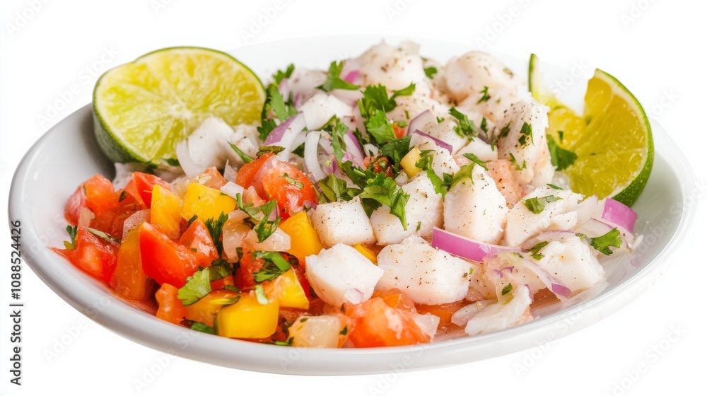 A plate of tangy ceviche with fresh fish marinated in lime juice, diced tomatoes, onions A plate of tangy ceviche with fresh fish marinated in lime juice, diced tomatoes, onions