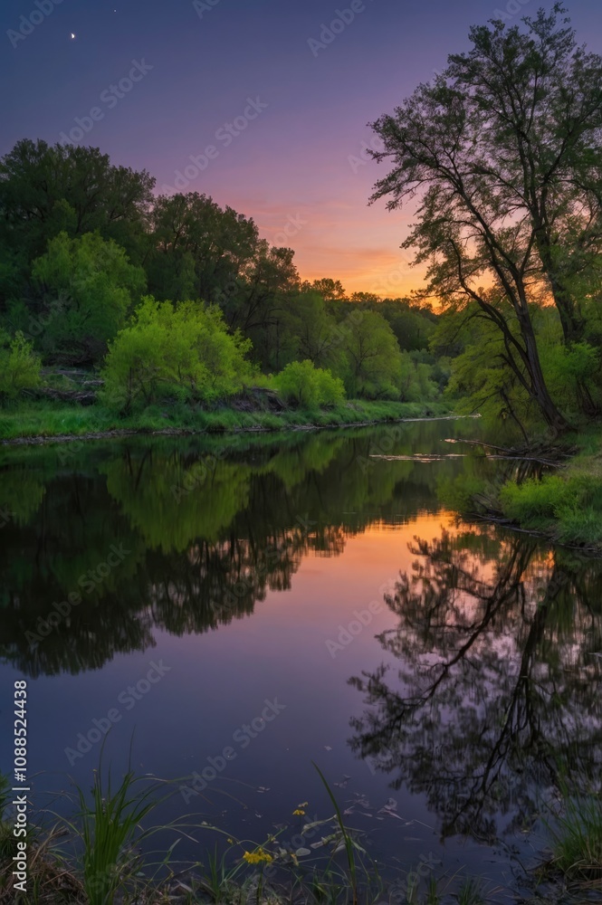 Nightly reflections by the river at springtime - generative ai Nightly reflections by the river at springtime - generative ai
