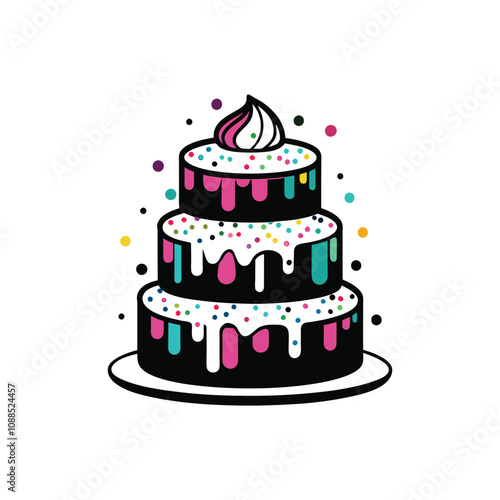 Simple and Stylish Birthday Cake Vector  Illustration - Cake  Black and White Design