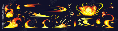 Flame silhouettes set. Icons of fire with different shapes. Explosion, ignite traces, flash, fireball, bonfire, campfire, blaze, burn. Flammable effects, elements. Flat isolated vector illustrations