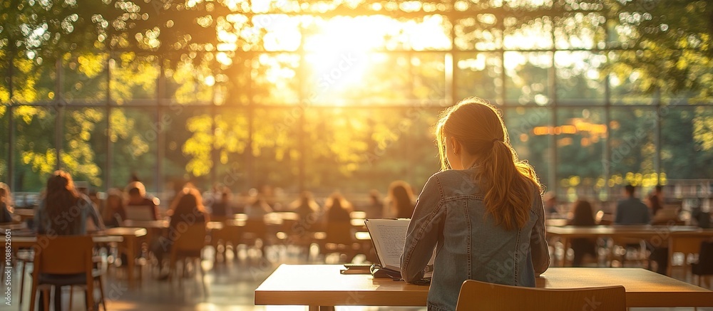A person studying at a table in a sunlit, modern space filled with people. A person studying at a table in a sunlit, modern space filled with people.