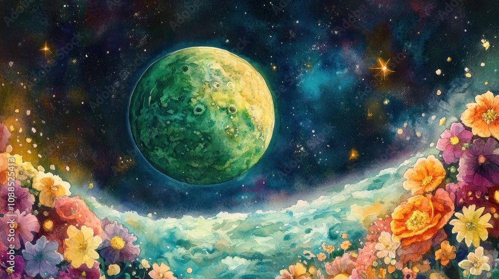 Celestial Bloom: A Watercolor Fantasy of Flowers and a Green Planet Celestial Bloom: A Watercolor Fantasy of Flowers and a Green Planet