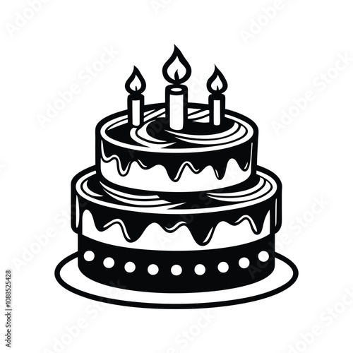 Birthday Cake vector illustration - Layer cake clipart design in black and white