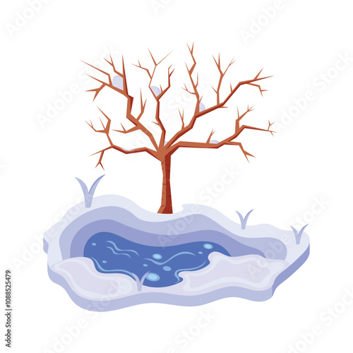 A frozen pond surrounded by a barren winter tree landscape