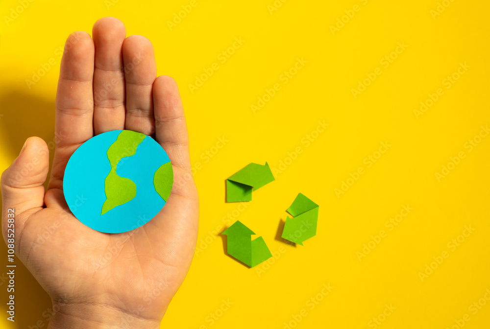 Male hand holding paper planet earth with recycling symbol on yellow background, environment and recycling concept Male hand holding paper planet earth with recycling symbol on yellow background, environment and recycling concept