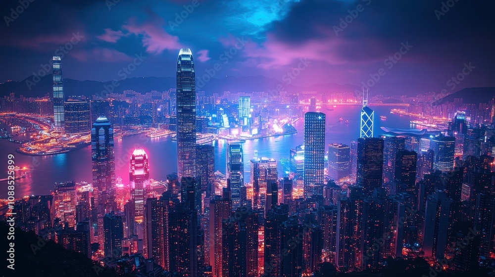 Fototapeta premium Dynamic cityscape at night with bright neon lights and futuristic buildings.