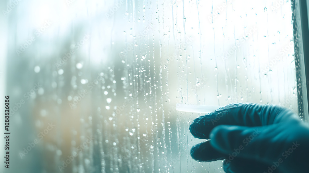 close up of gloved hands cleaning window, removing water droplets and streaks. focus is on meticulous effort to achieve clear view, creating sense of cleanliness and freshness close up of gloved hands cleaning window, removing water droplets and streaks. focus is on meticulous effort to achieve clear view, creating sense of cleanliness and freshness