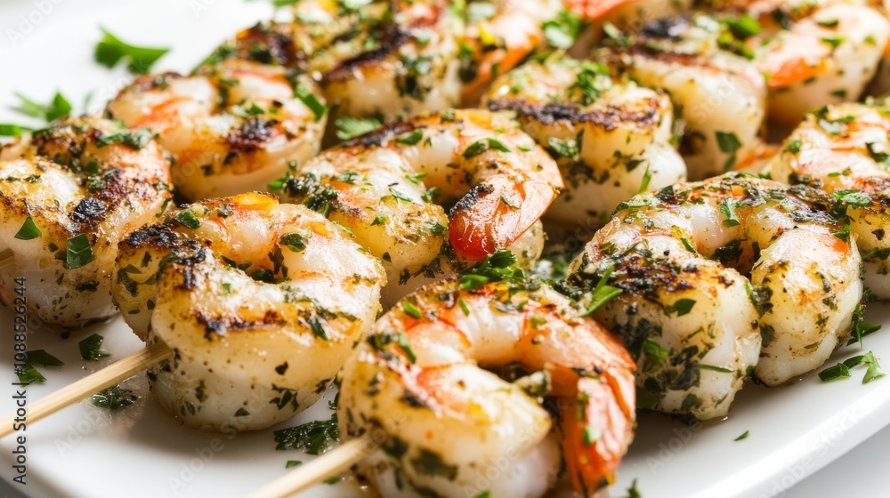 A plate of tangy lemon herb shrimp skewers with garlic, parsley, and lemon zest A plate of tangy lemon herb shrimp skewers with garlic, parsley, and lemon zest