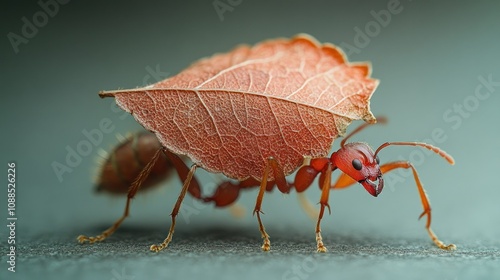 Red Ant Carrying a Leaf