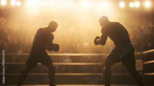 Two boxers face off in dramatic, illuminated boxing ring, showcasing tension and anticipation. crowd is blurred in background, enhancing focus on fighters