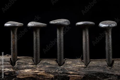 Row of rustic nails embedded in aged wood against a dark background, symbolizing strength, craftsmanship, and industrial resilience in a minimalist and artistic composition photo