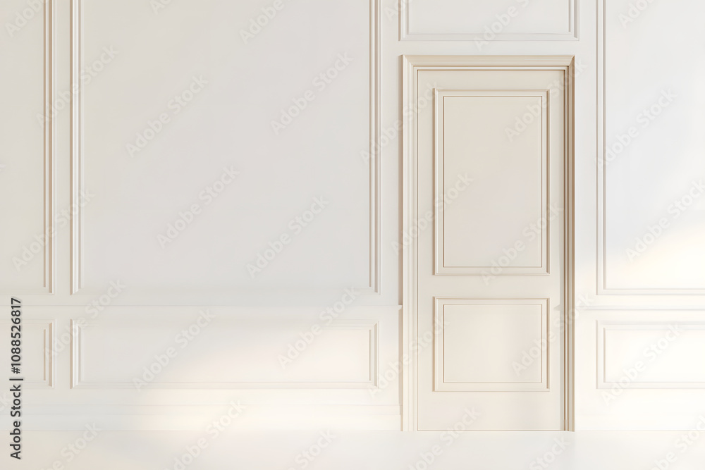 simple beige panel door set against minimalist white wall, showcasing elegant molding and clean design. serene atmosphere evokes sense of calm and sophistication simple beige panel door set against minimalist white wall, showcasing elegant molding and clean design. serene atmosphere evokes sense of calm and sophistication