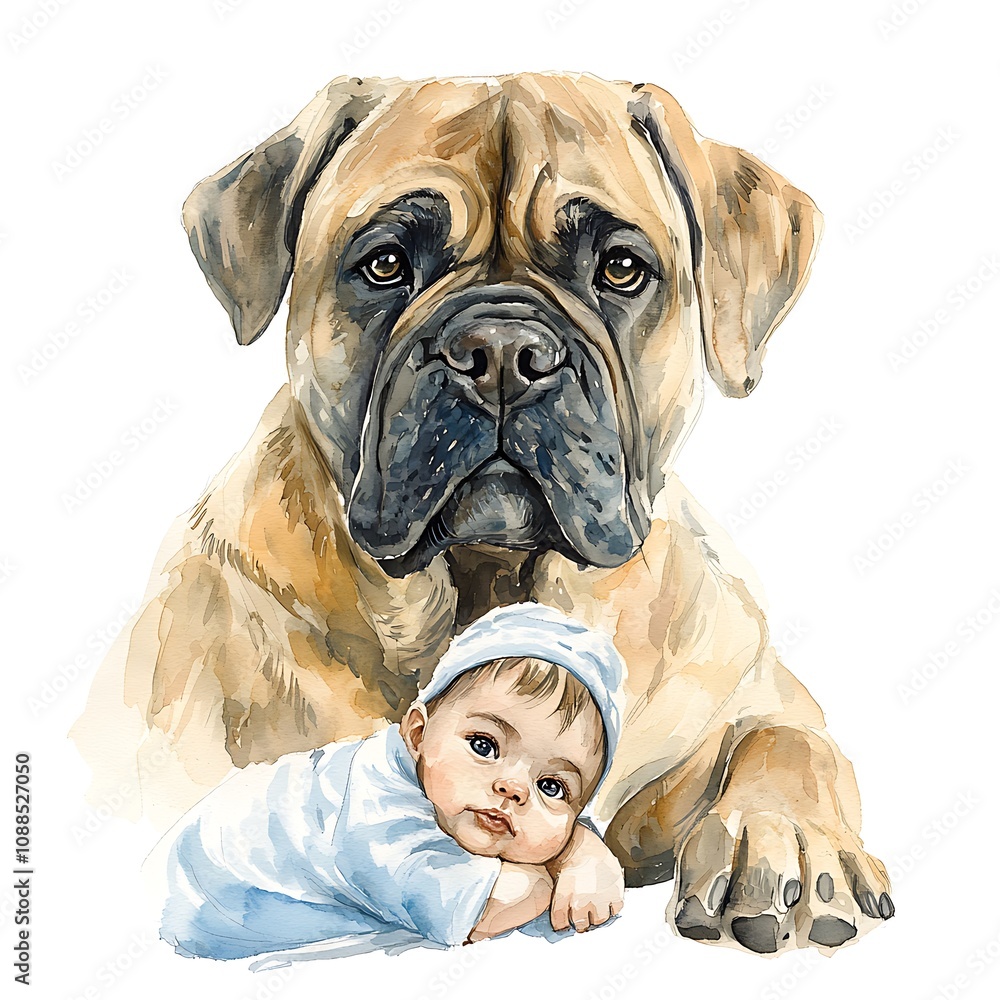 Obraz premium Watercolor Painting of a Boerboel Dog and Baby A heartwarming illustration of a loyal companion and an innocent child.