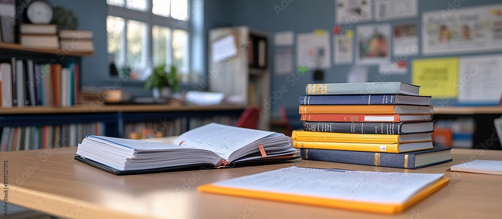 A study area featuring books and notes, suggesting a learning environment. A study area featuring books and notes, suggesting a learning environment.