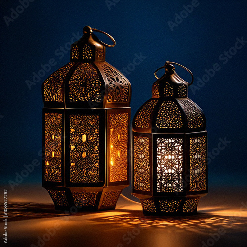 Traditional Arabic lanterns illuminated with intricate patterns, in square format and high resolution by AI; conceptualizing Middle Eastern cultural heritage, Ramadan celebrations and Islamic motifs. photo